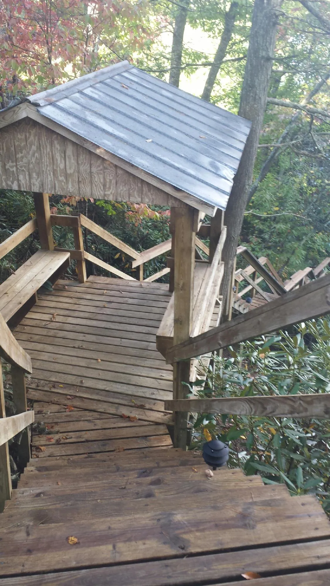 Metal roofed shelter over wooden steps on a wooded walkway — Skylight Repair & Installation work by our crew in Fostoria